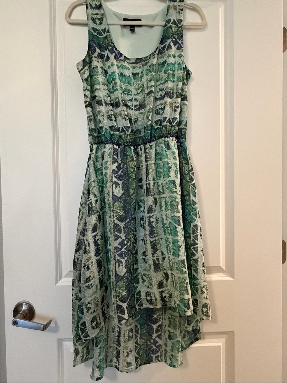 Green and Blue Patterned Sleeveless High-Low Dress